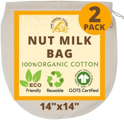 2024 NEW – 2 Pcs Organic Cotton Nut Milk Bag Set – Versatile Food Strainer for Milk, Cheese, Juice