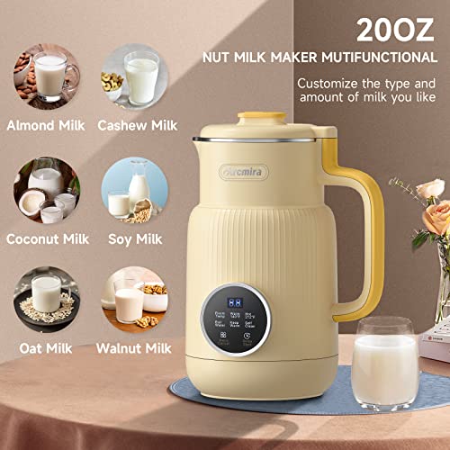Arcmira Nut Milk Maker: Homemade Plant-Based Milk, Delay Start/Keep Warm/Boil Water, Includes Nut Milk Bag (Yellow)