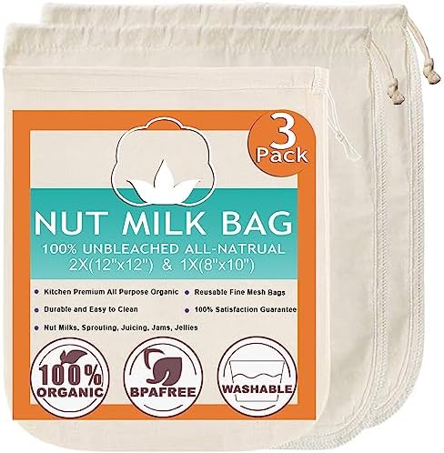 Premium Nut Milk Bag Cloth Strainer: Organic, Reusable Fine Mesh Cheesecloth for Sprouting, Juicing – 3 Pack (2×12″, 1×10″)