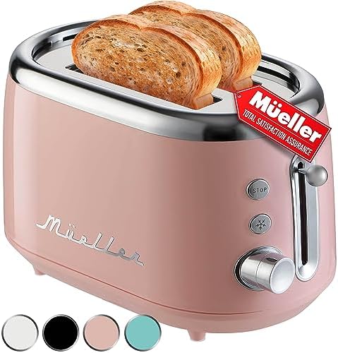 Mueller Retro Toaster 2 Slice: 7 Browning Levels, 3 Functions, Stainless Steel, Pink