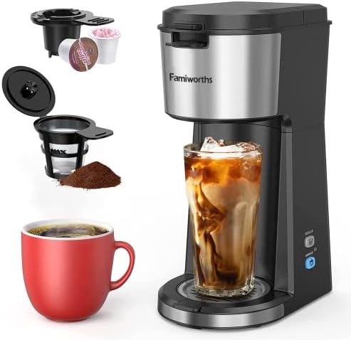 Famiworths Iced Coffee Maker: Hot/Cold, Single Serve for K Cup & Ground, with Descaling Reminder & Self Cleaning