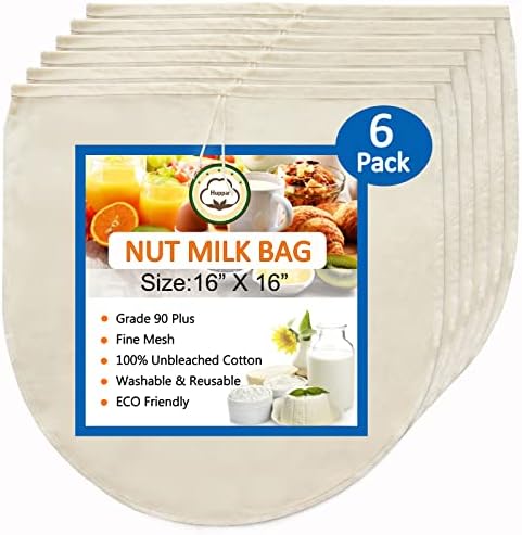 Nut Milk Bag: Premium 6 Pack 16″x16″ Cheesecloth – Unbleached Cotton Cloth for Straining Almond/Oat/Soy Milk, Cold Brew Coffee, Cheese/Yogurt/Juice/Wine/Soup/Herbs
