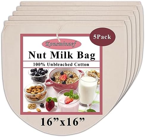 Nut Milk Bag 5-Pack: Reusable Cotton Cheesecloth Strainer