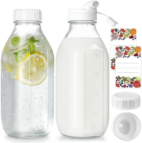  Milk Bottle with Dispenser Cap Introducing our Milk Bottle with Dispenser Cap, a convenient and versatile solution for storing and dispensing various liquids. This 2 pack of 32 oz reusable glass bottles comes with 3 different lids, including a heavy duty screw lid for airtight storage. Perfect for use as a jug pitcher, buttermilk, water, juice bottles with cap, syrup, or honey containers, these bottles are durable and easy to clean. The dispenser cap allows for easy pouring without any mess, making it ideal for daily use in your kitchen or on the go. Upgrade your storage options with the Milk Bottle with Dispenser Cap today!