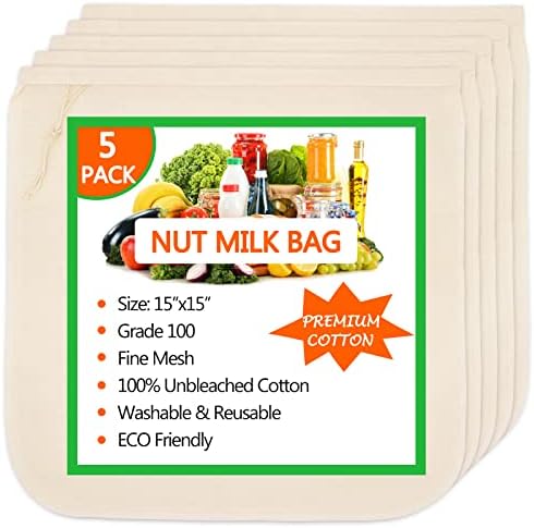 Nut Milk Bag 5-Pack: Reusable Cheesecloth Bags for Straining, 100% Unbleached Cotton Cloth for Various Uses