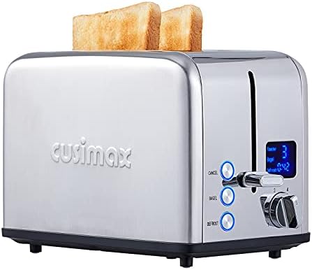   Product Test: Toaster 2 Slice by CUSIMAX This stainless steel toaster features a large LED display and 1.5” extra-wide slots, perfect for toasting all types of bread. With 6 browning settings and a Cancel/Bagel/Defrost function, you can customize your toast to perfection. The removable crumb tray makes cleanup a breeze. Available in Silver. 